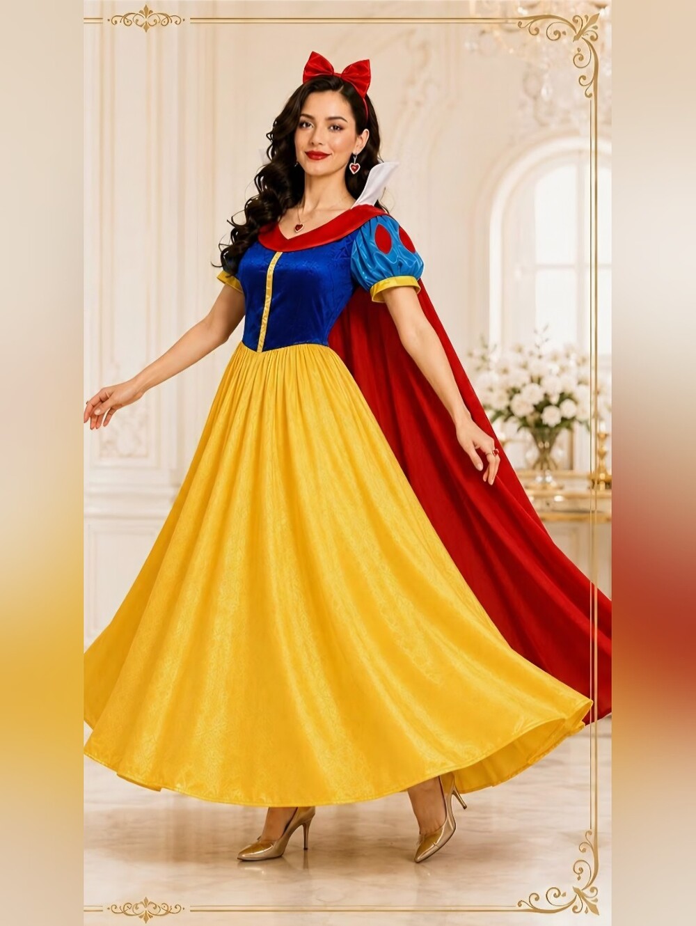 Snow White Classic Blue and Yellow Fairytale Costume Dress with Red Cape